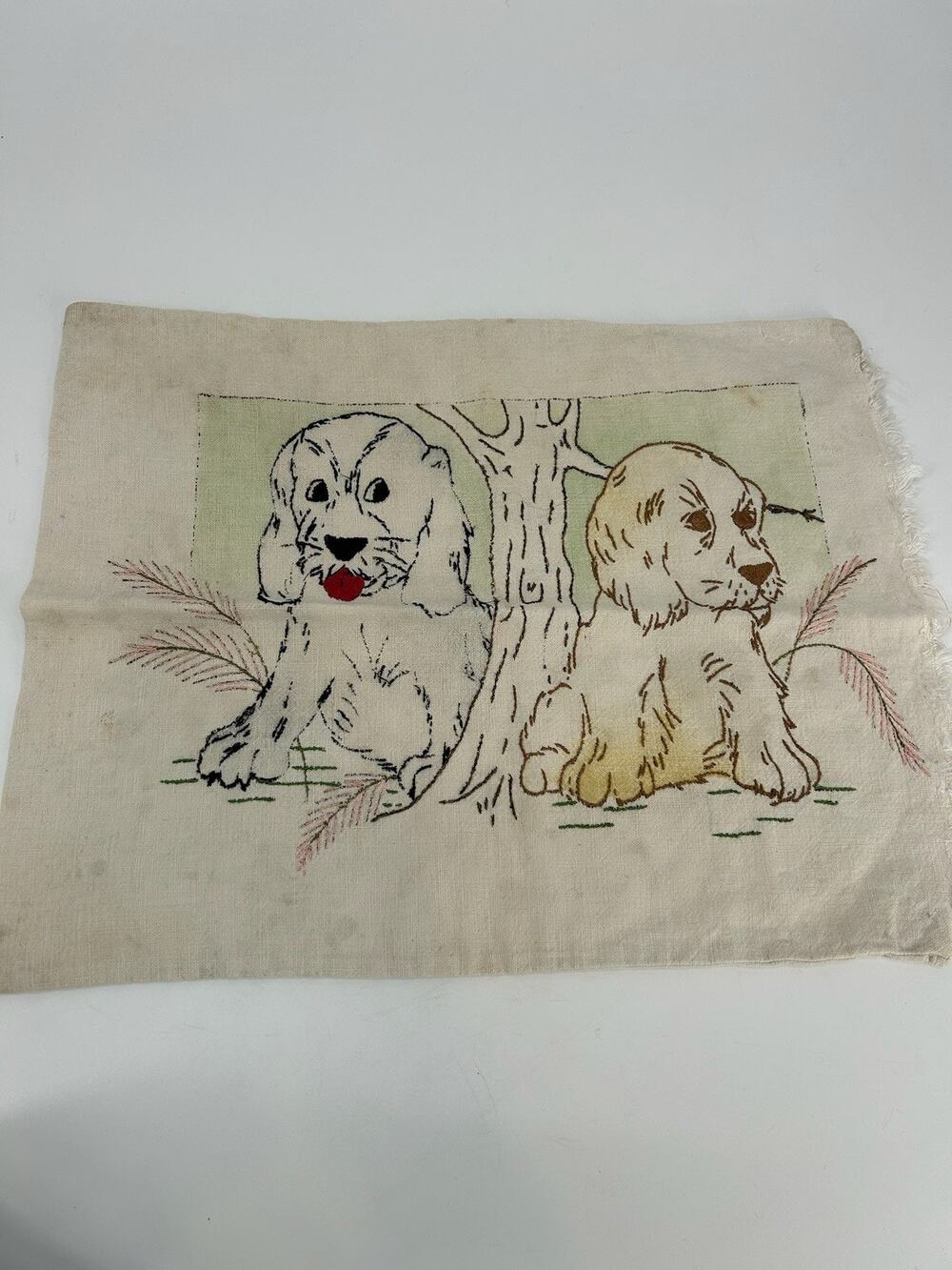 Vintage Cotton Embroidered Terrier Cocker Spaniel Dogs Pillowcase